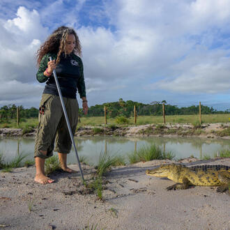 A woman holds a pole in front of a crocodile